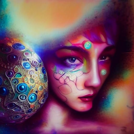 Intricate Mixed Media Portrait with Chromatic Metal Details