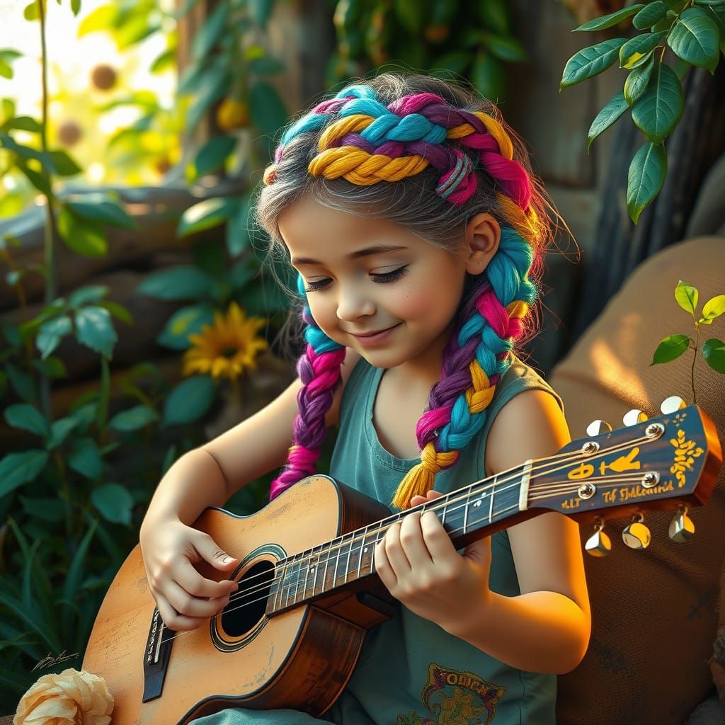 Young Girl Playing Guitar in Whimsical Landscape