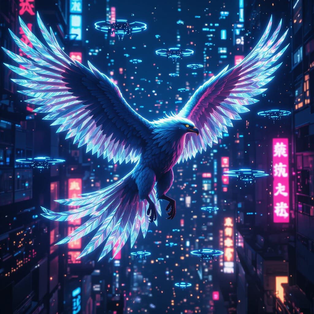 Cyberpunk Griffin Soaring Through Neon Cityscape