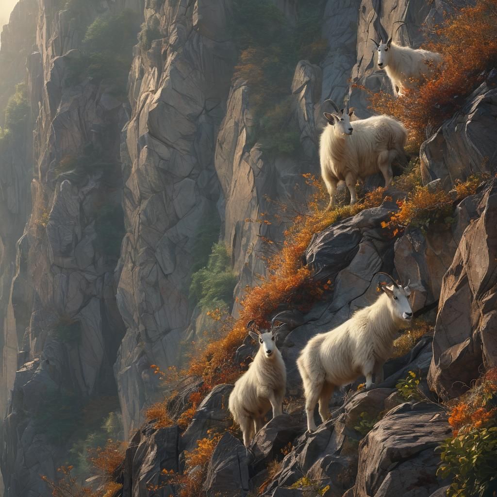 Mountain Goats on Cliff in Triadic Oil Painting