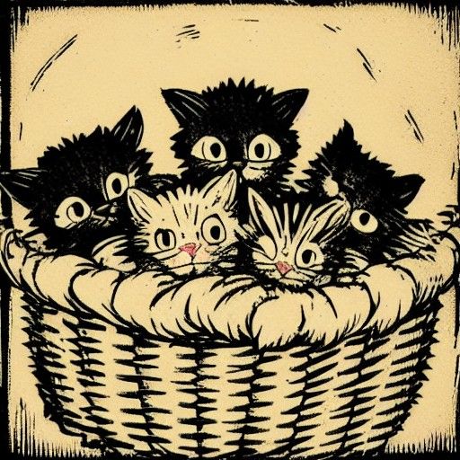 Adorable Kittens in Basket: Dark Academia Woodcut