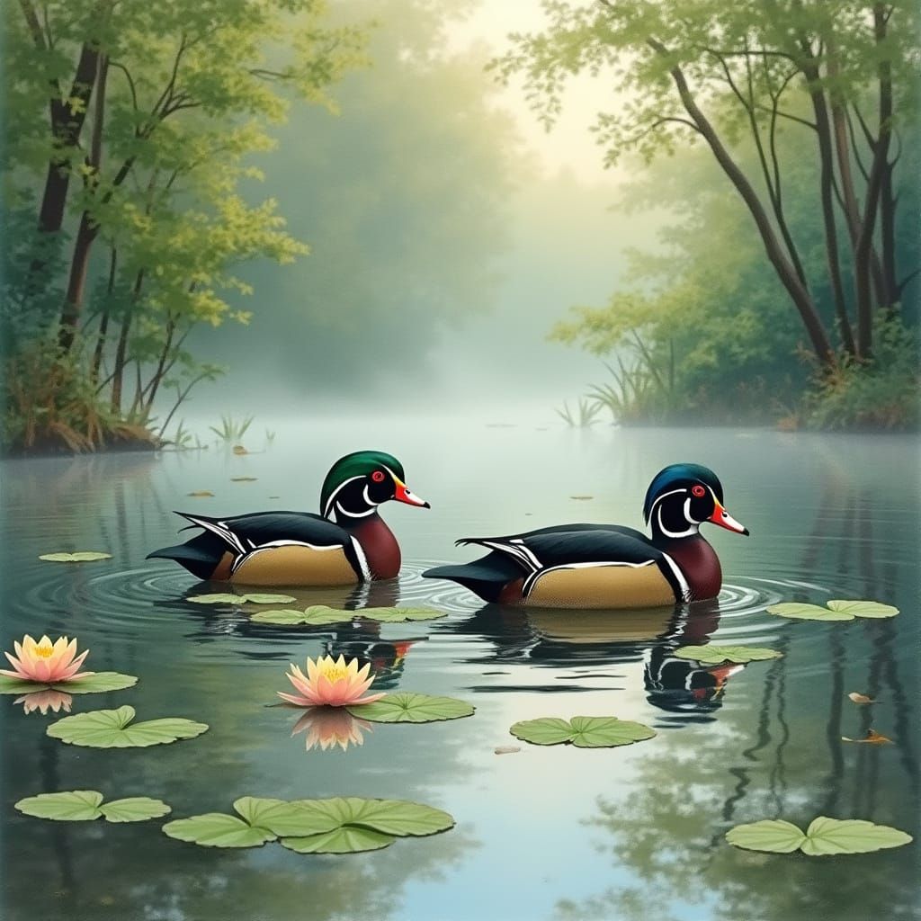 Woodducks in Serene Forest Pond