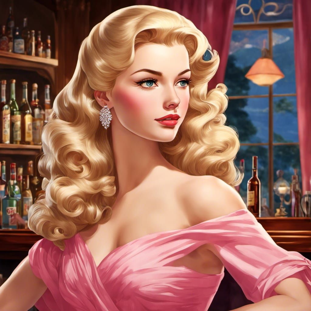 1950s Anime Woman in Pink Dress, Detailed Portrait