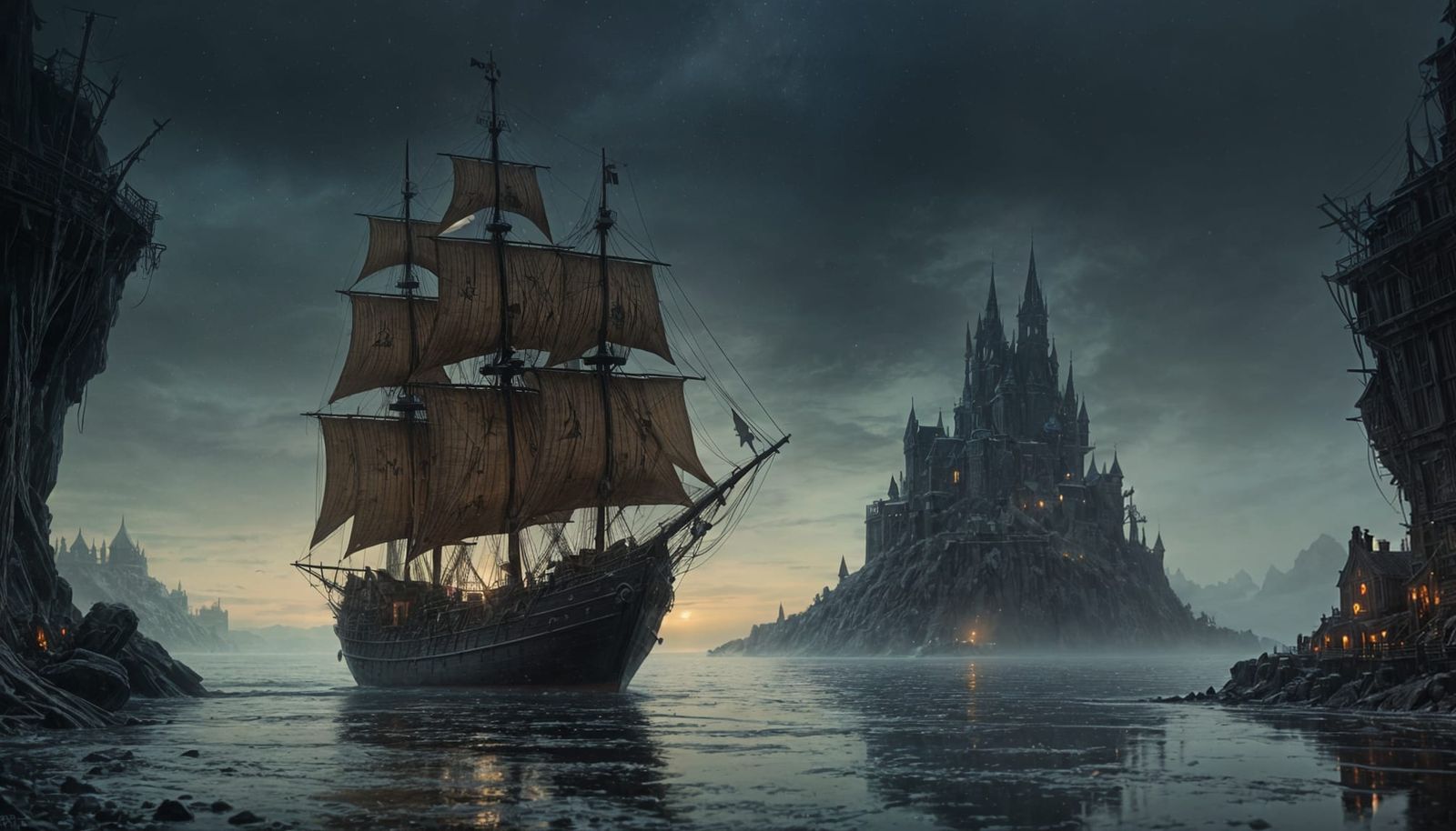 Eerie Pirate Ship in Haunting Gothic Landscape