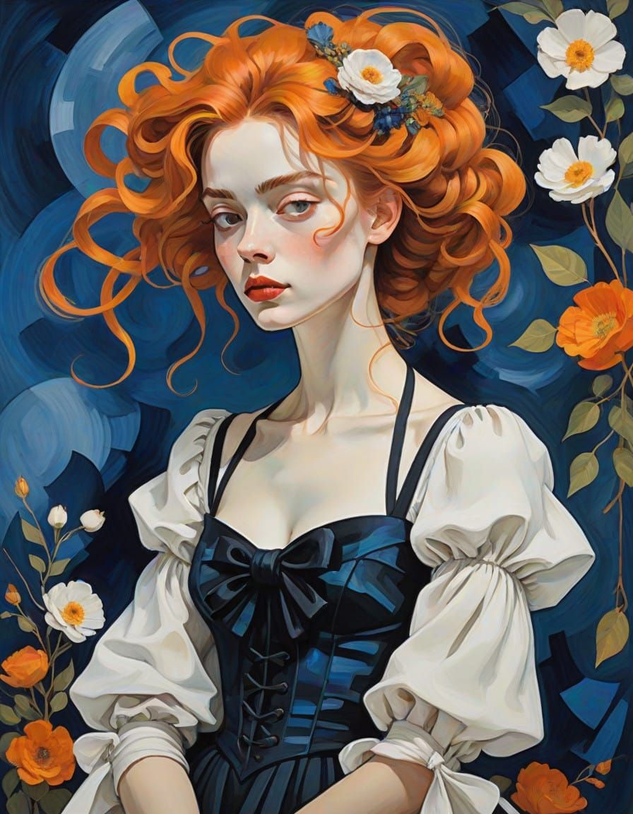 Ethereal Victorian Dreamscape with Vibrant Orange Hair