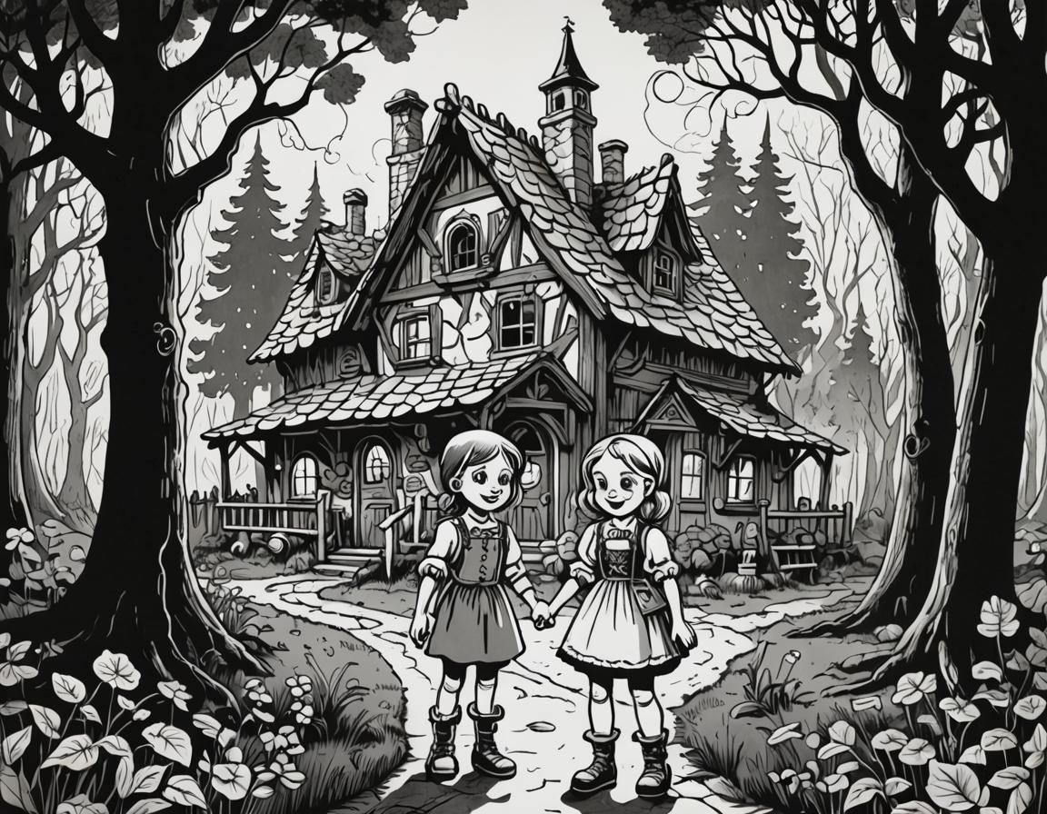 Hansel and Gretel Storybook Illustration with Black Outlines