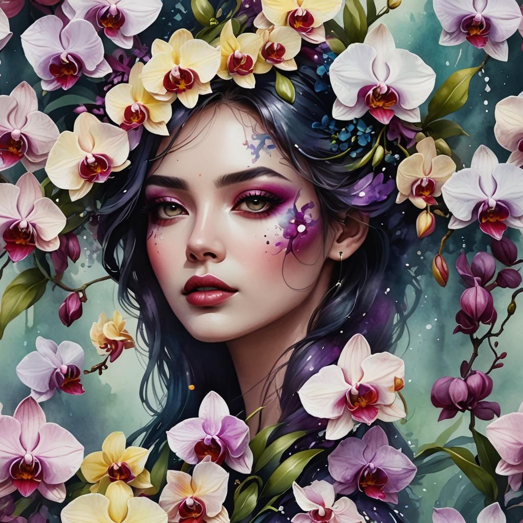 Watercolor Girl with Orchids: Detailed Fantasy Portrait