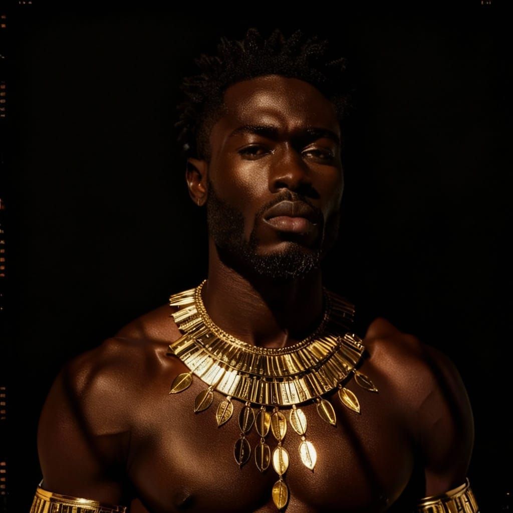 Black Man Adorned with Gold Artifacts in Dramatic Light