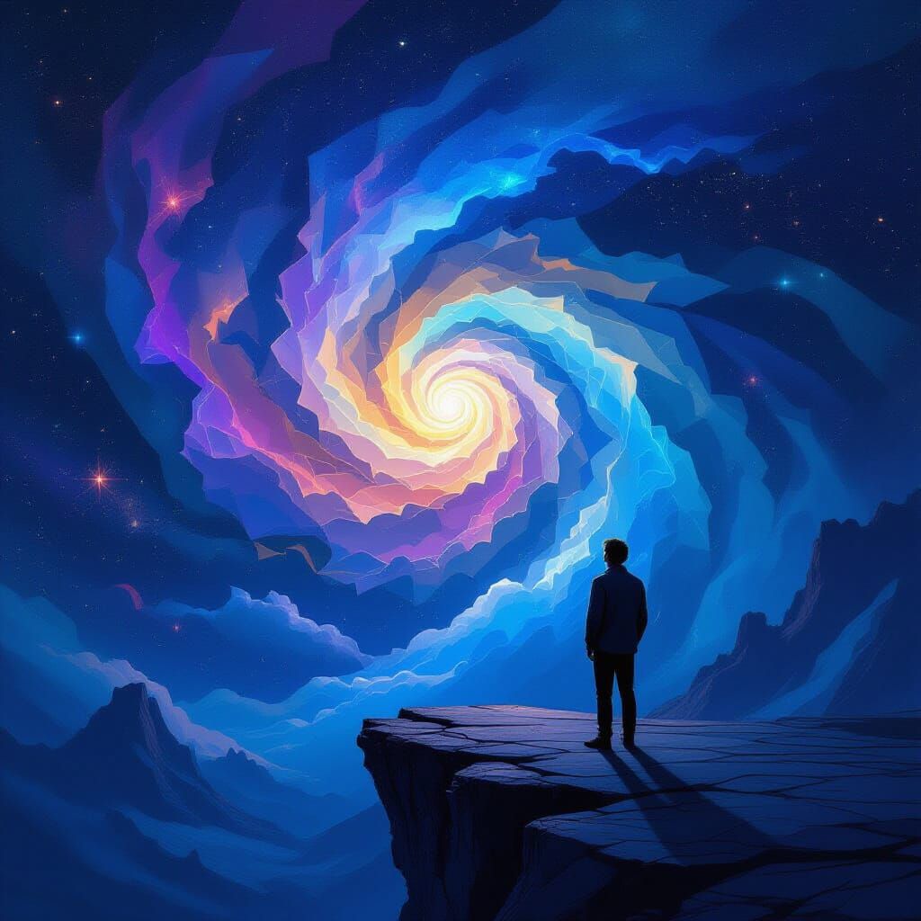 Man Gazes at Cosmic Nebula with Geometric Stars