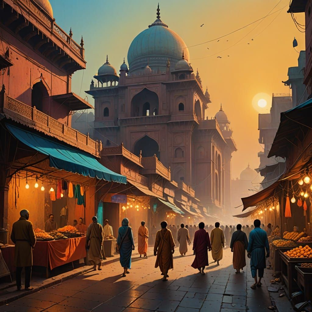 Vibrant Mughal-Inspired Street Scene in India