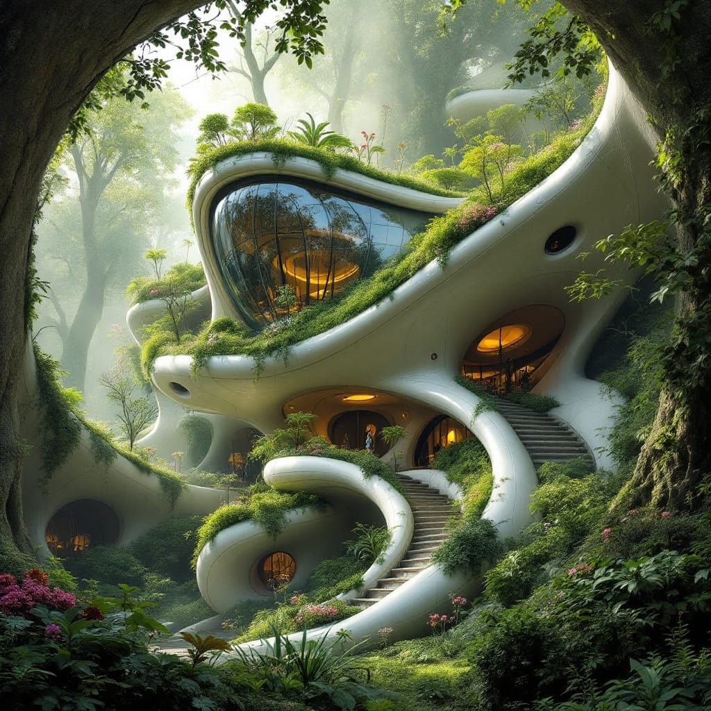Surreal Futuristic Biomorph House in Lush Forest