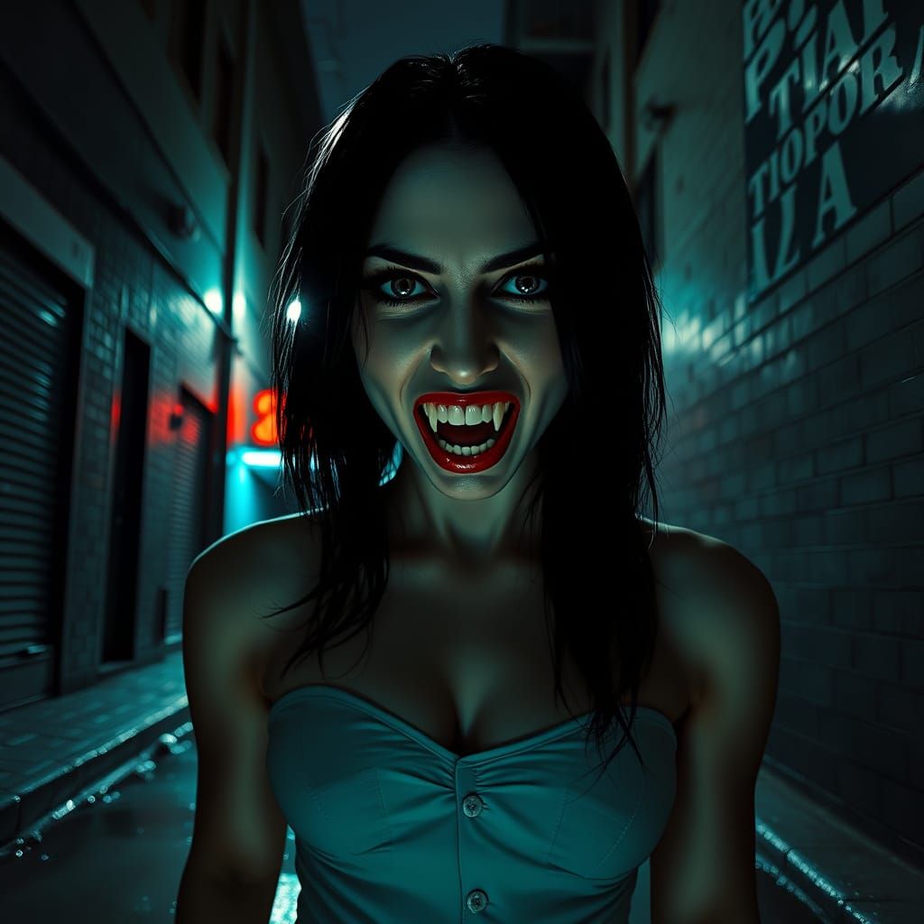 Dark fantasy illustration. Close-up. A modern vampire with l...
