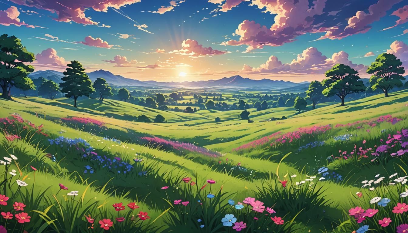 Vibrant Anime Wallpaper of Rolling Meadows