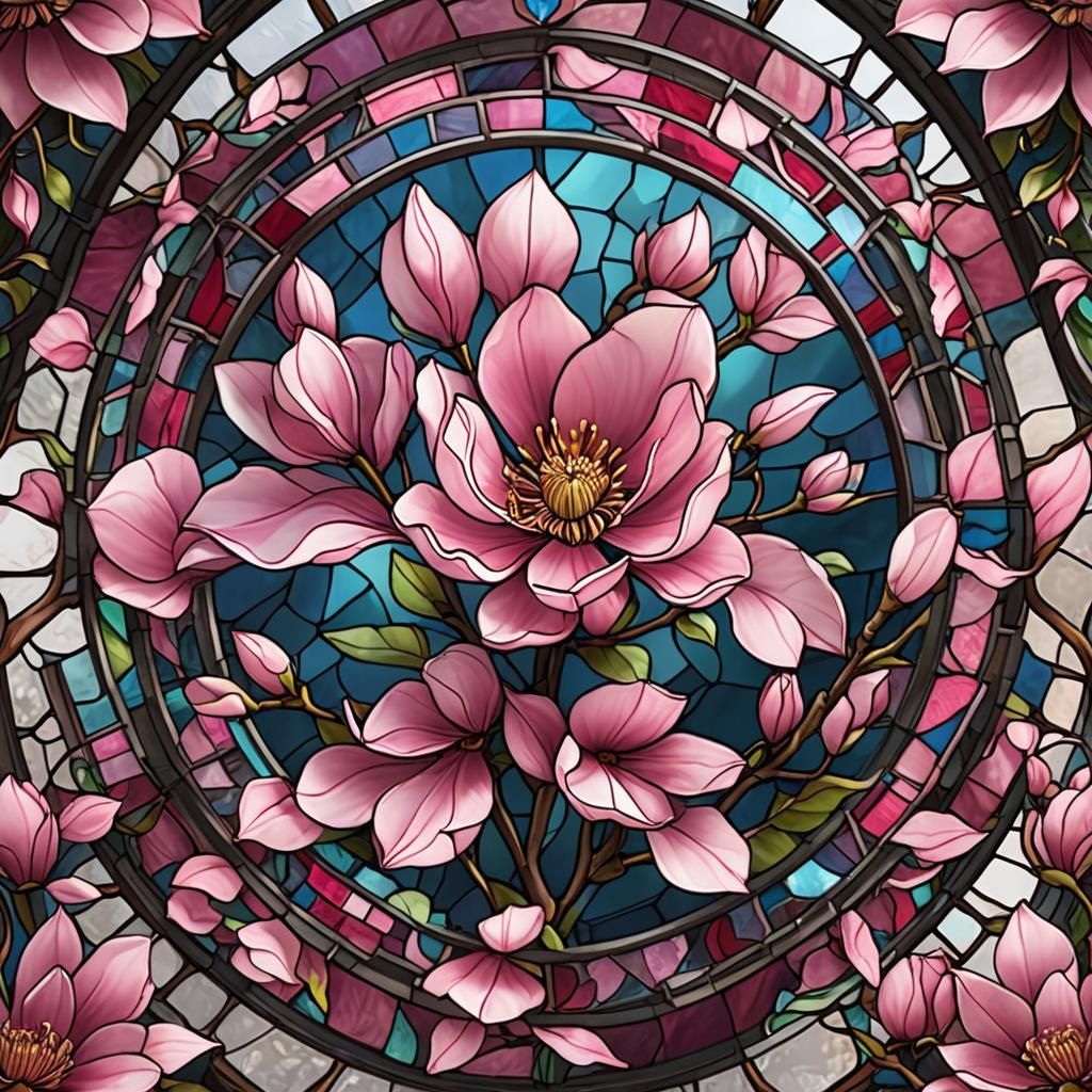 Vibrant Pink Magnolia in Stained Glass Art