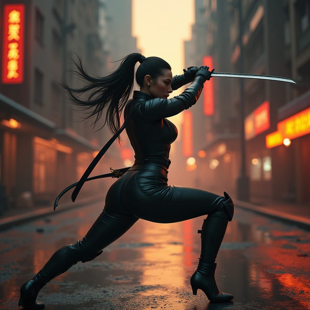 Cyberpunk Katana Warrior in Neon Dusk