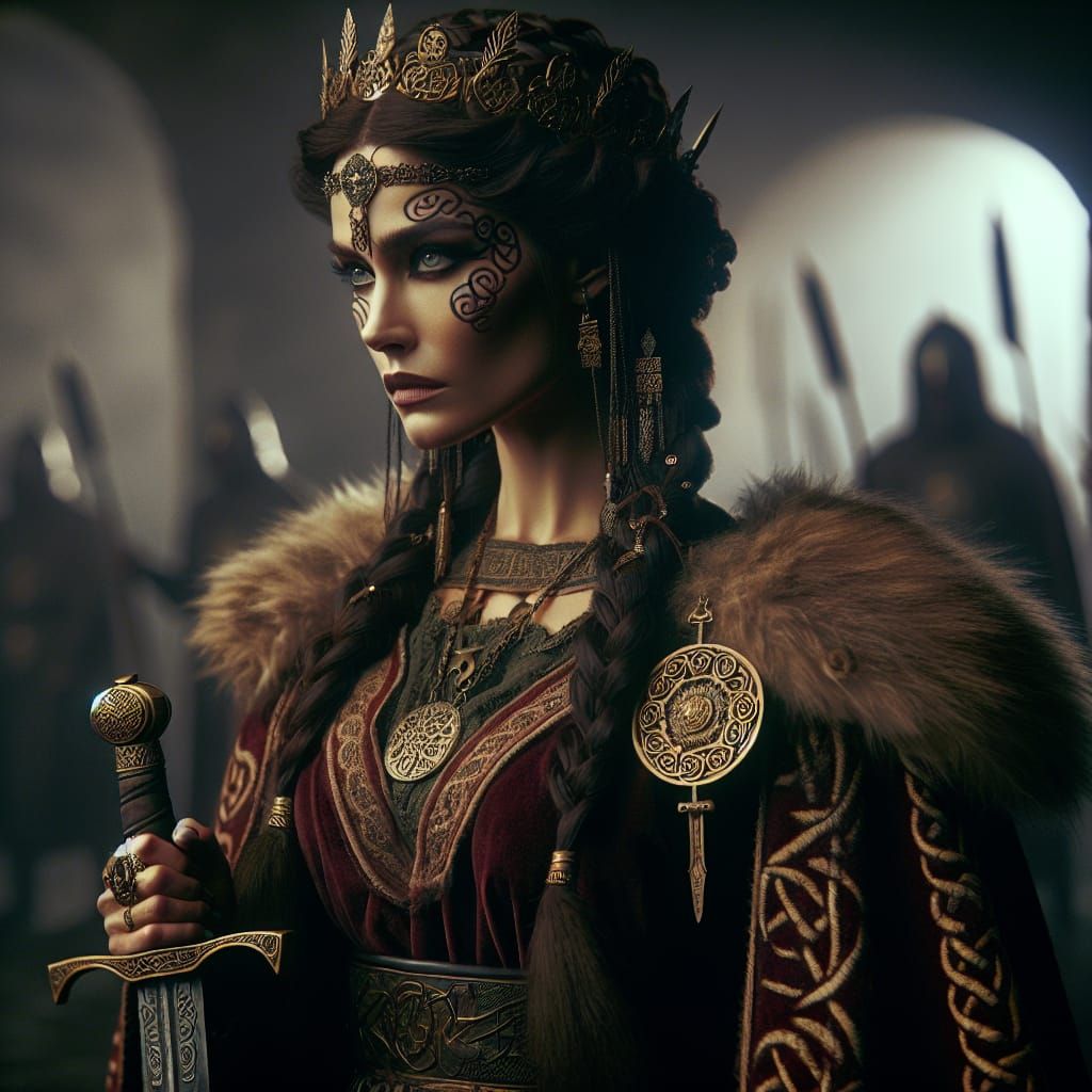 Brigantia: Celtic Goddess of War in a Cinematic Film Still