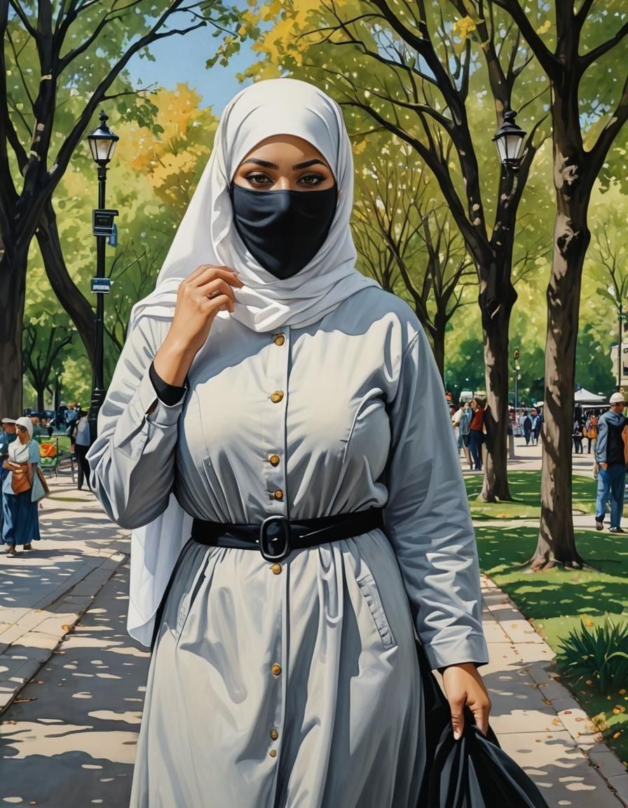 European Woman in Niqab in City Park Painting