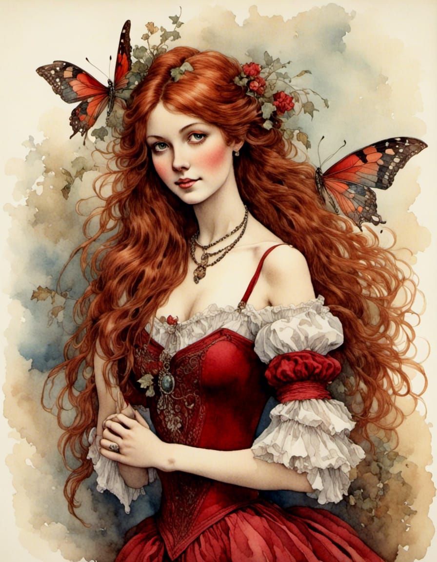 Victorian Fairy Woman Portrait in Watercolor Style