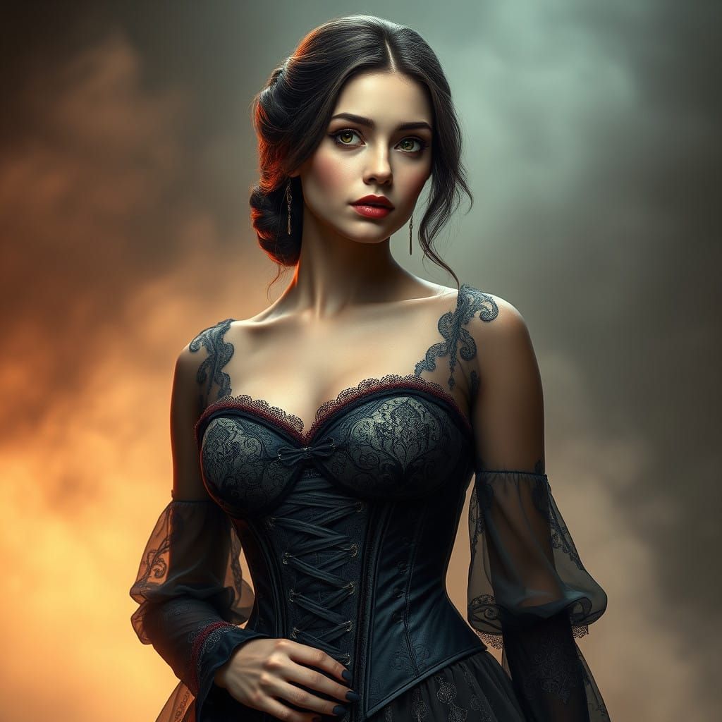 Elegant Woman in Victorian Fantasy Attire against Misty Back...