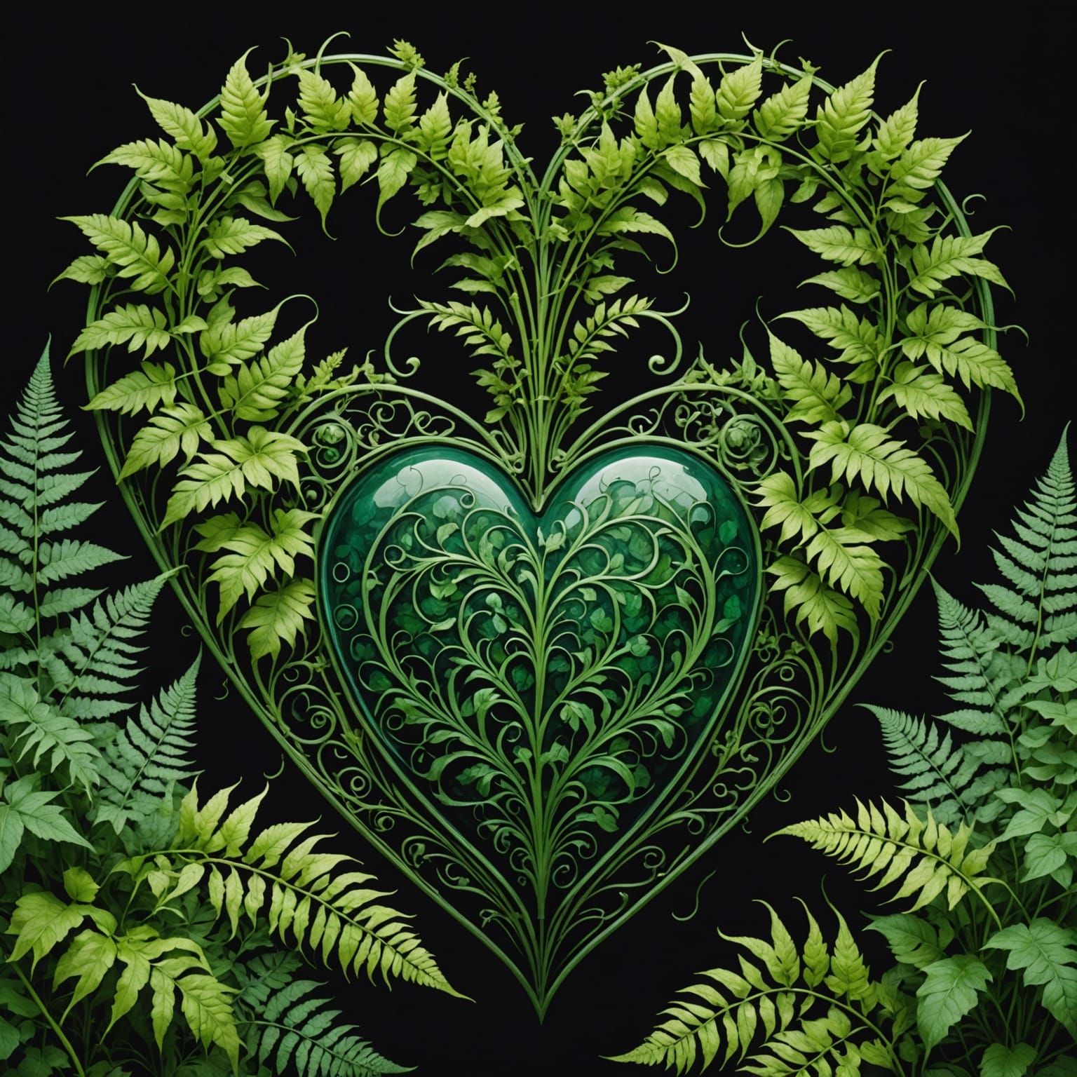Art Nouveau Gothic Heart Amidst Ferns