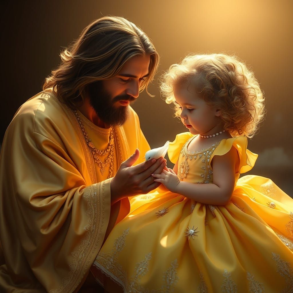 Jesus and Little Girl in Yellow Princess Dress, Surrounded b...