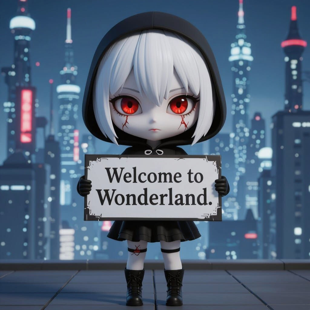 Evil Chibi Girl with Cracked Doll Face in Futuristic City