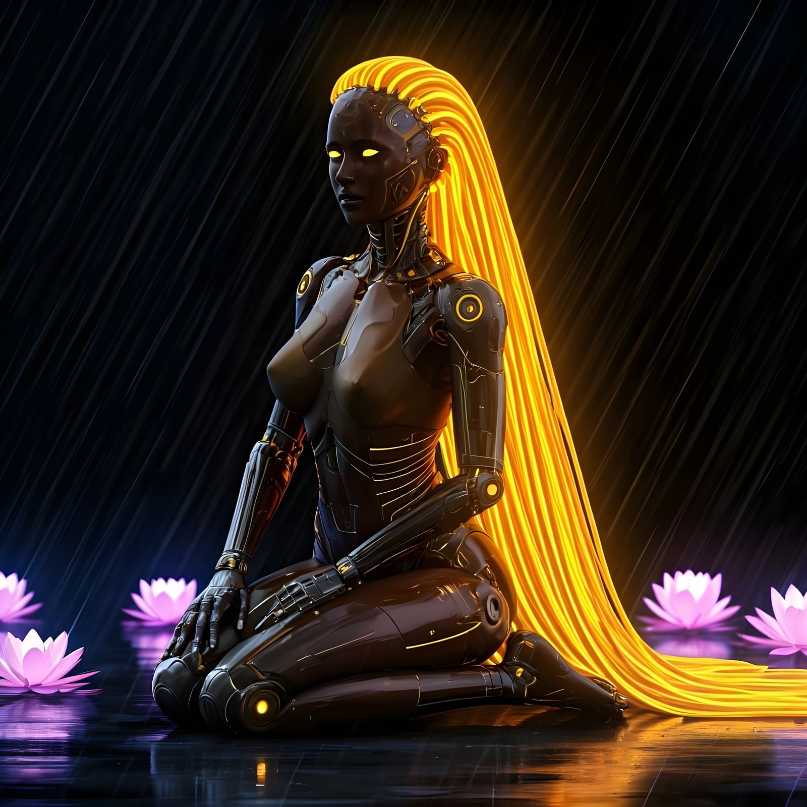 Golden Cascade: Meditation in the Neon Rain!