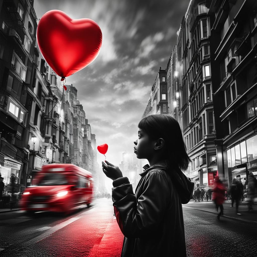 Girl with Red Balloon in City Street
