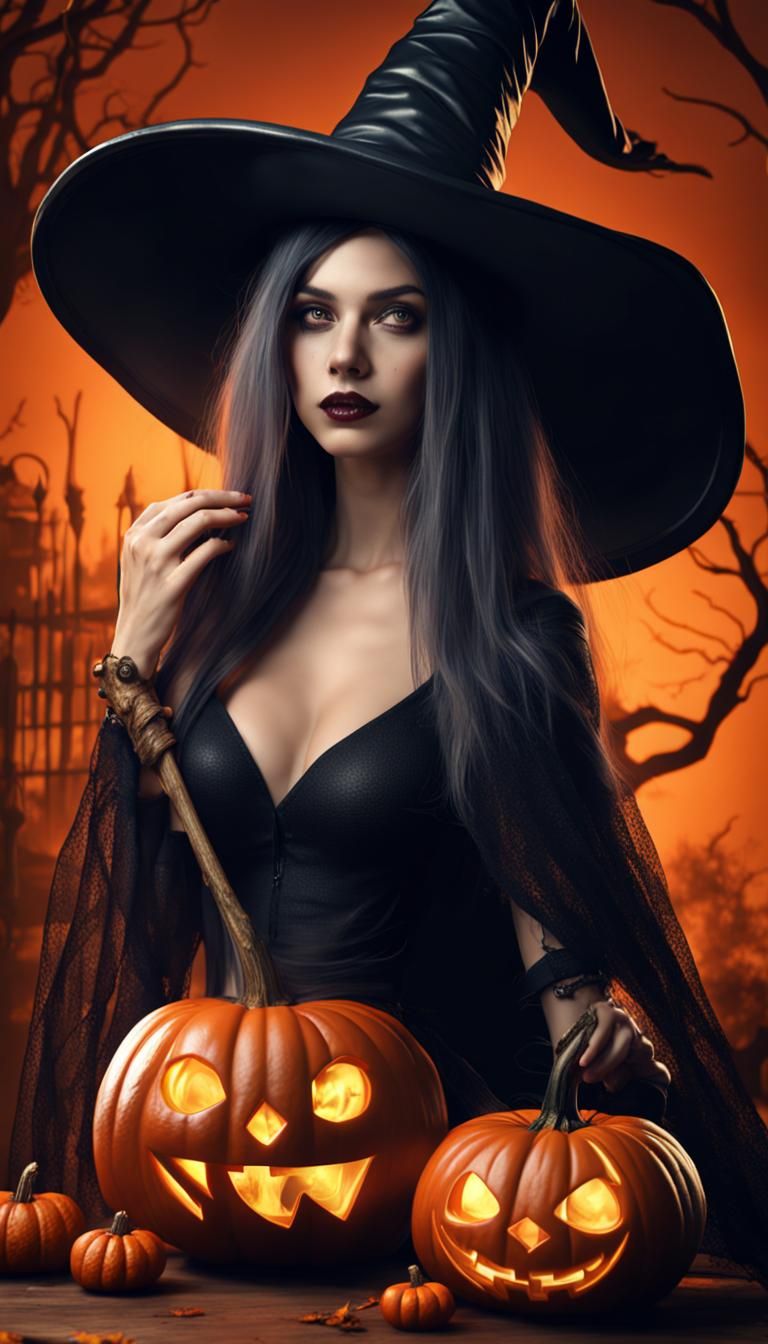 beautiful witch with long hat, halloween concept kitchen, pumpkin, horror creature 8K resolution high detailed