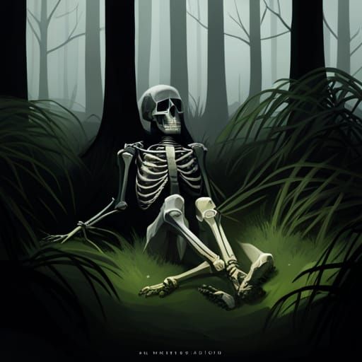 Moss Skeleton in Ominous Forest: Digital Horror Art