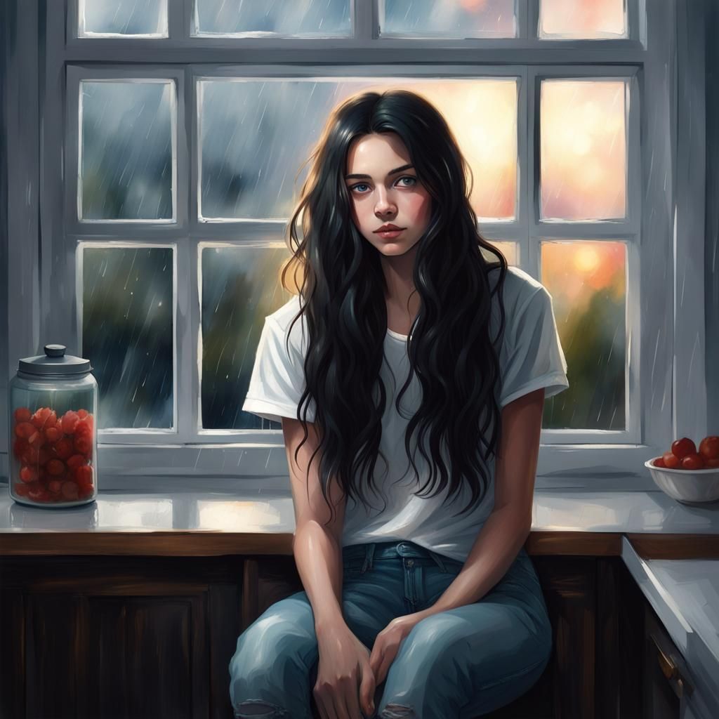 Teenage Girl at Kitchen Table on Rainy Night