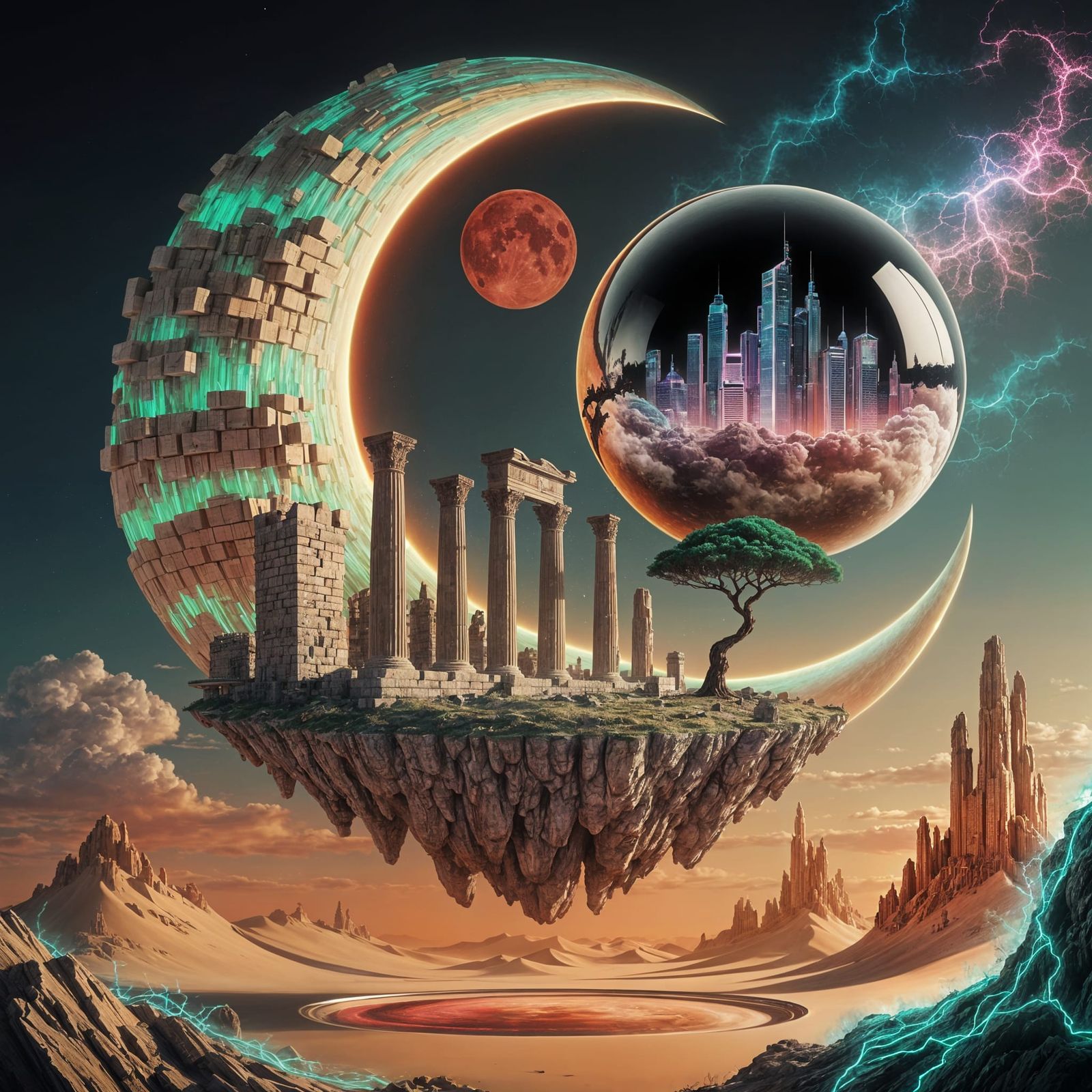 Ethereal Moonscape with Ancient Ruins in Beksiński Style