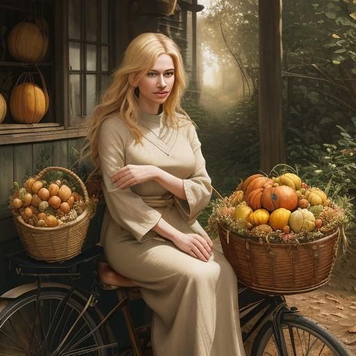 Woman with Gourds on Bicycle: Impasto Film Still