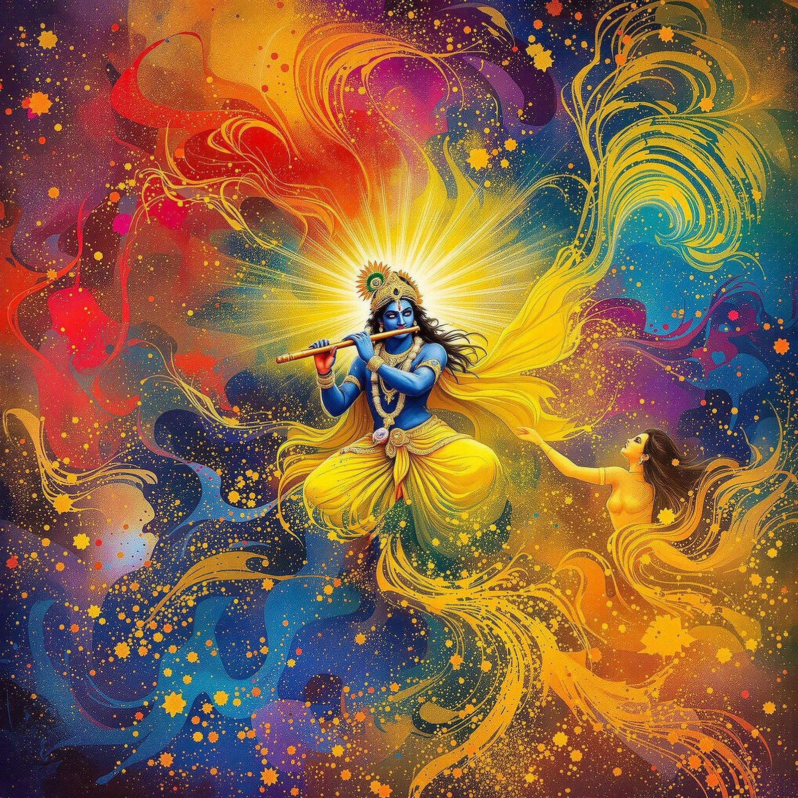 Lord Krishna Plays Flute in Vibrant Kalamezhuthu Style