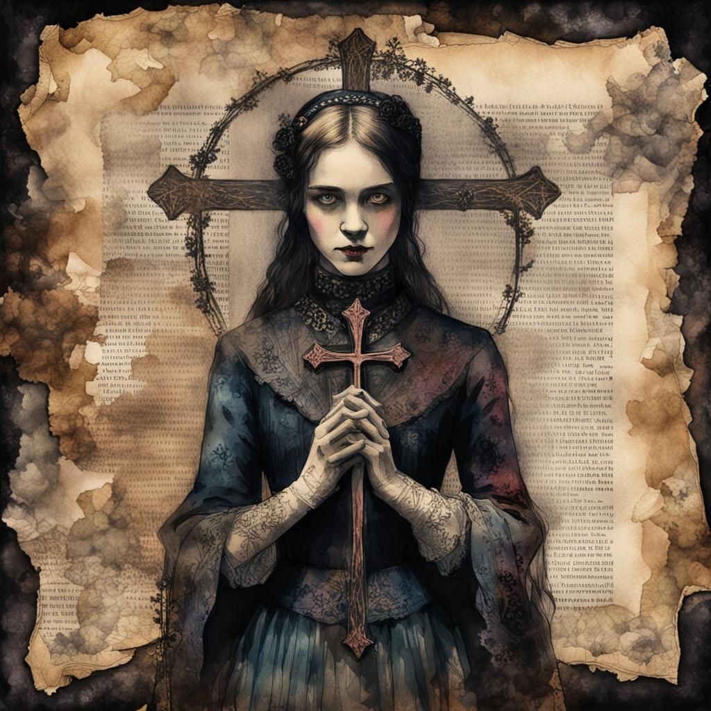 Gothic Horror Woman with Cross, Mixed Media Illustration