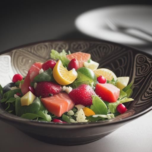 Hyperrealistic Fruit and Salmon Salad in HDR