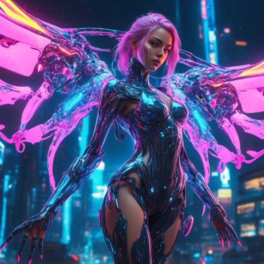 Bioluminescent Cybernetic Angel Squid in Cyberpunk Style