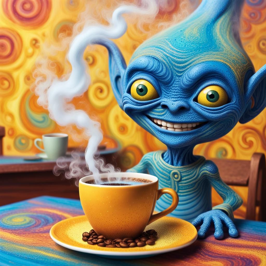 Smiling Dwarf Alien and Coffee in Naive Art Style