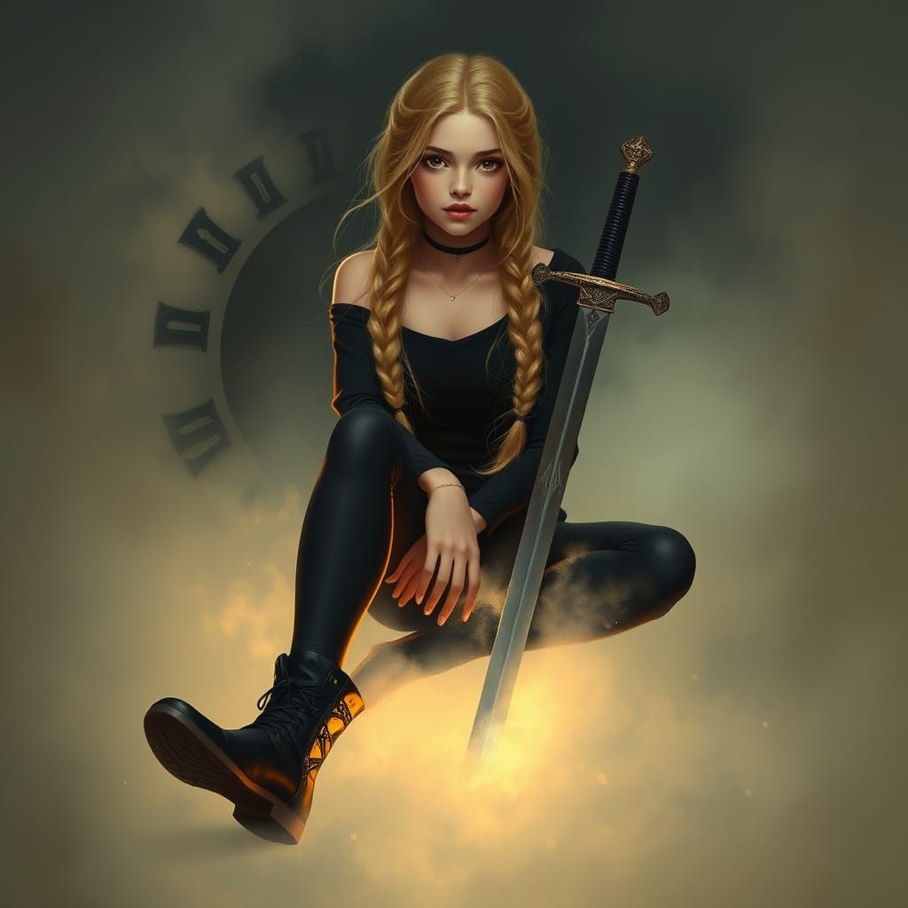 Ethereal Maiden Surrounded by Swords in Whimsical Art Style