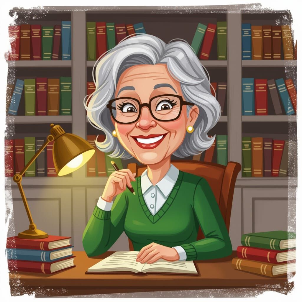 Caricature of a Cheerful Librarian at Her Desk