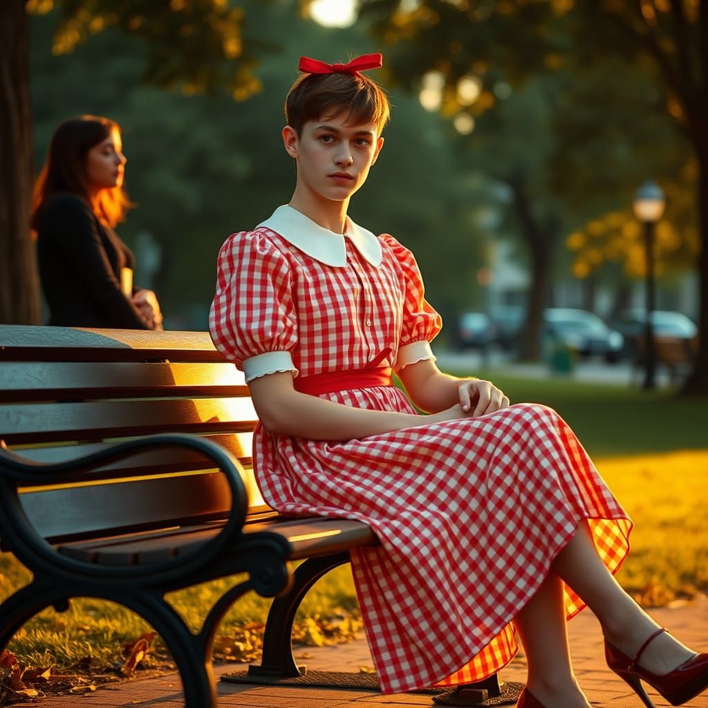 Androgynous Youth Sits Confidently in a Gingham Dress