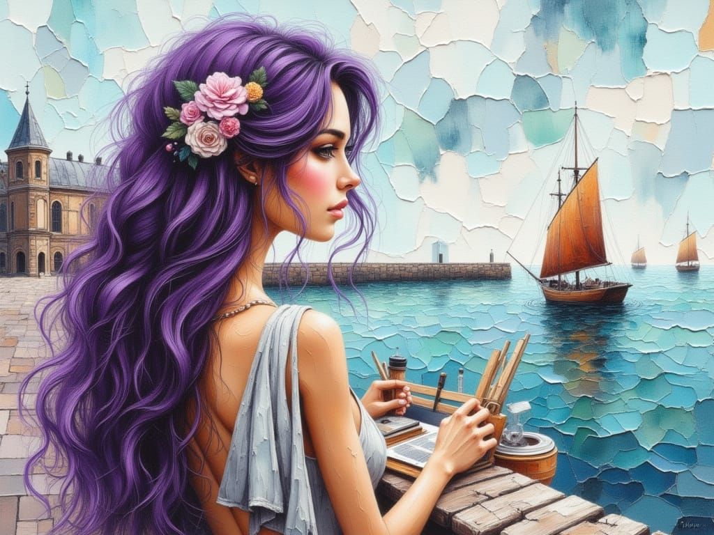 Woman Painting Seascape on Quayside in Watercolour Style