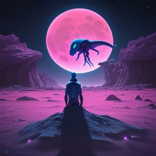 Alien World Night Sky with Comet and Pink Moon