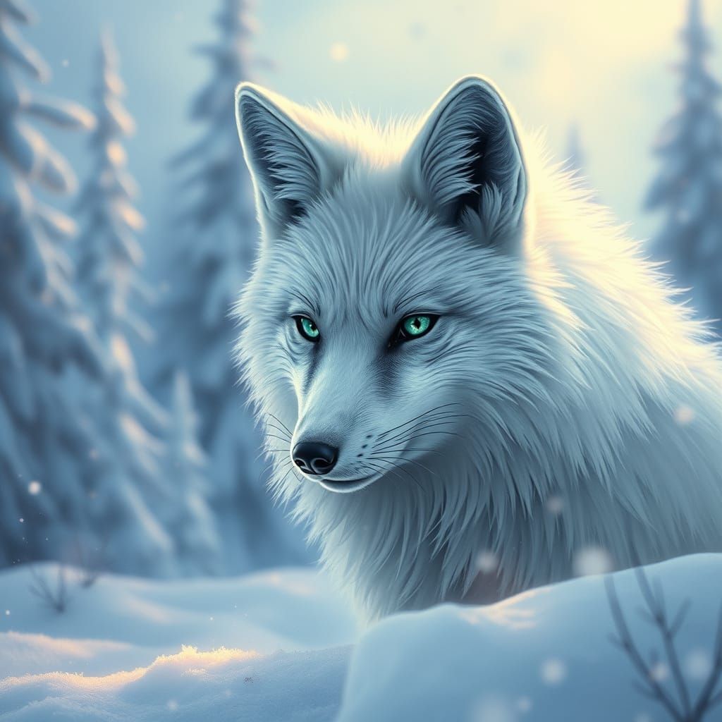 Majestic White Fox in a Snowy, Dreamlike Landscape