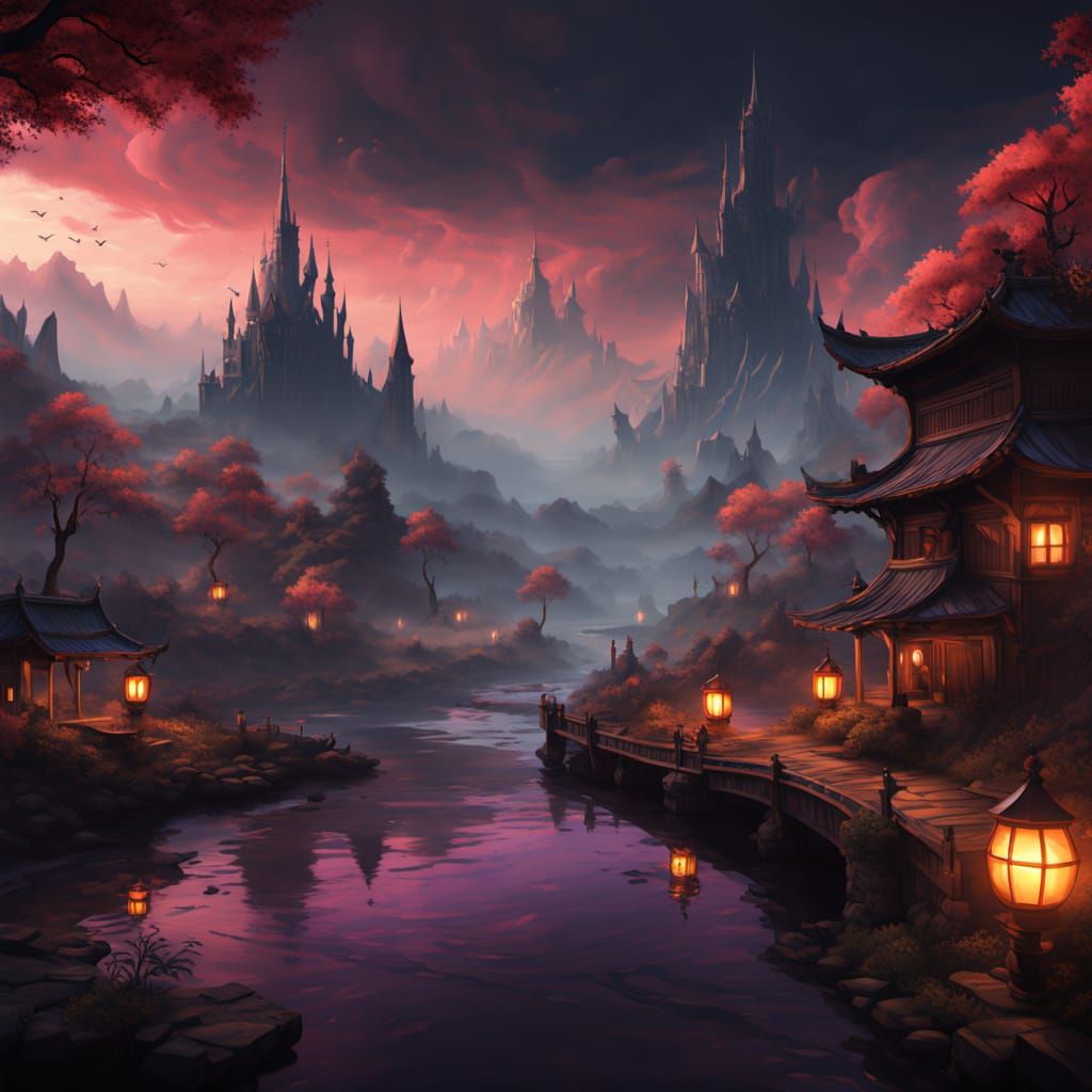 Ethereal River of Blood in Dark Fantasy Landscape