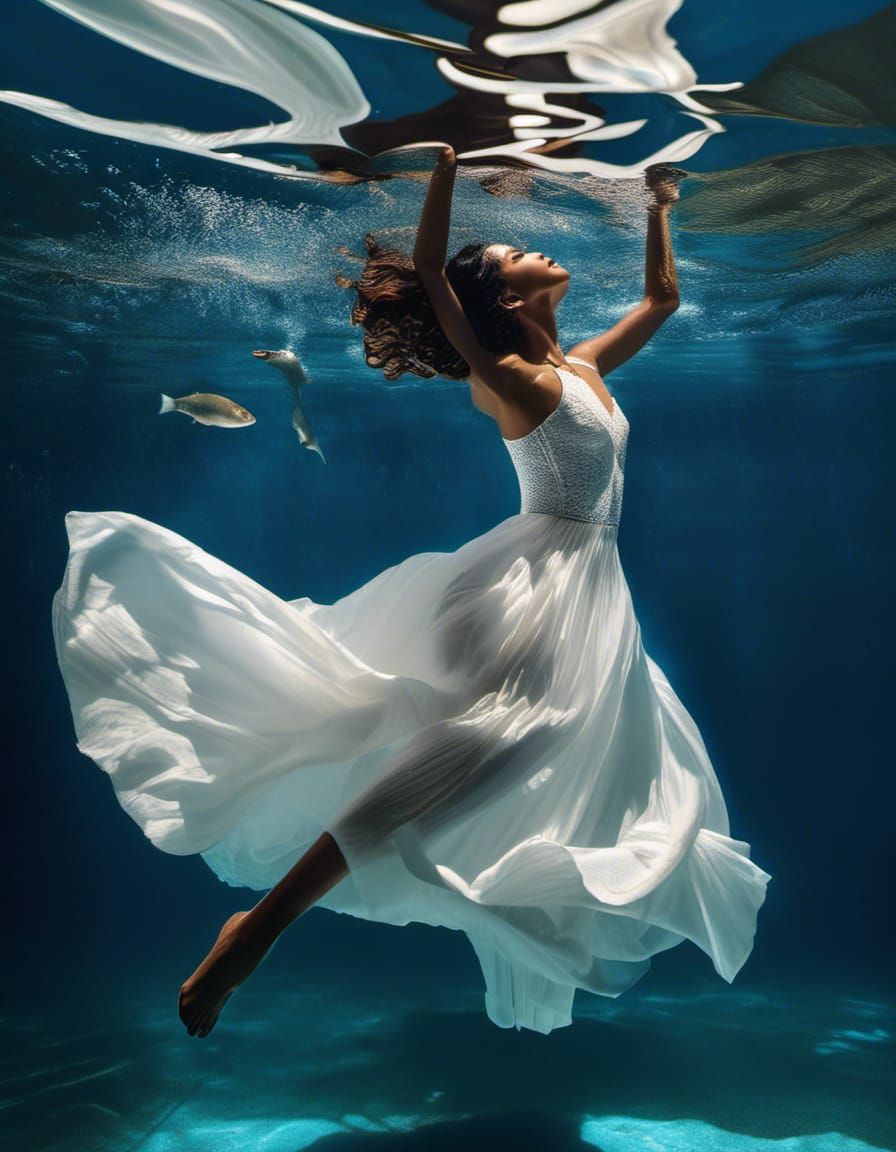 Underwater Portrait of Woman in White Dress