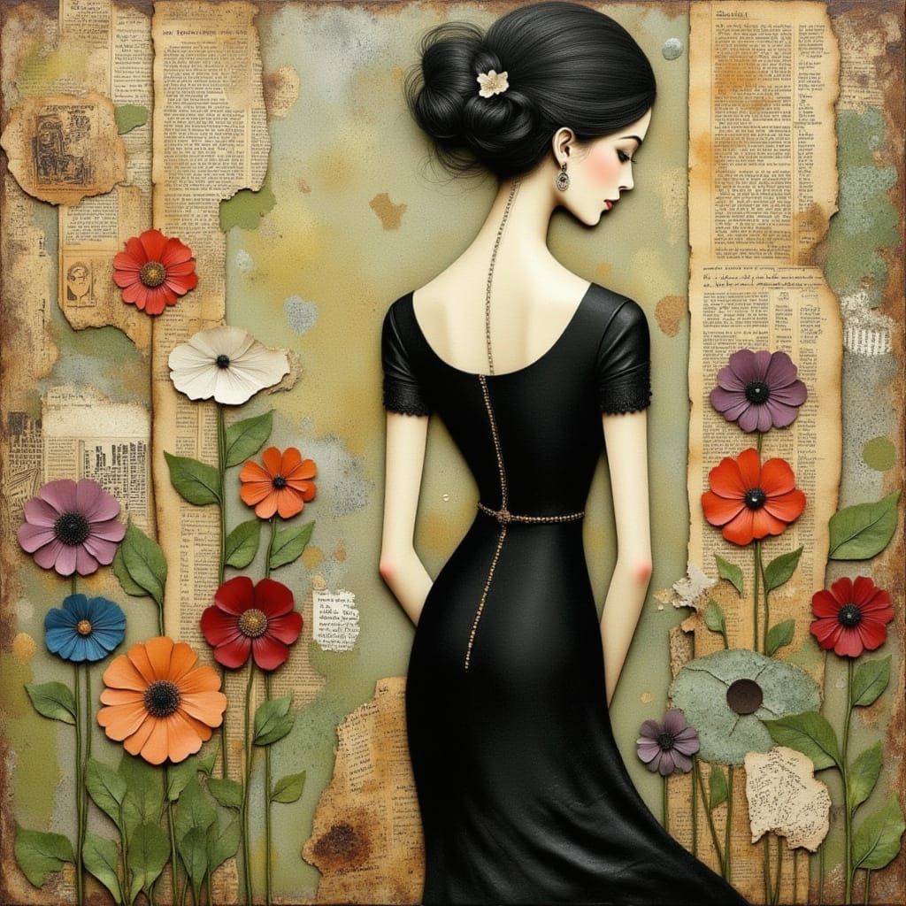 Elegant Woman in Mixed-Media Collage Art