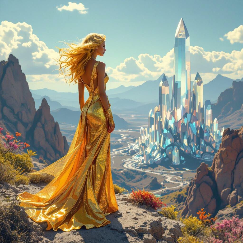 Statuesque Woman with Golden Hair on Mountaintop
