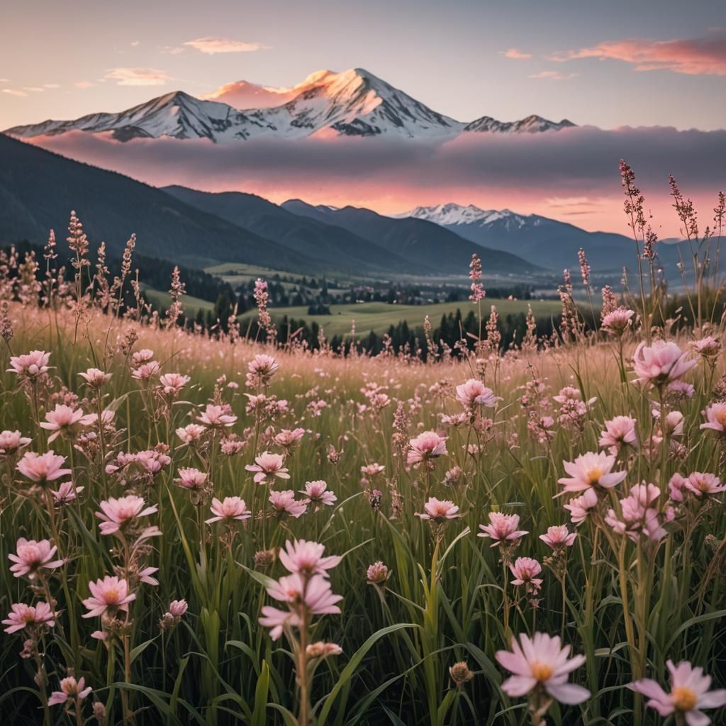 Pastel Flower Field with Snowy Mountain Sunset