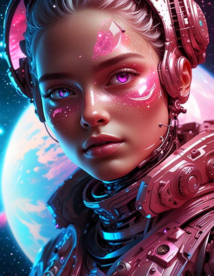 Cosmic Goddess in Vibrant Pink and White Holographic Splendo...